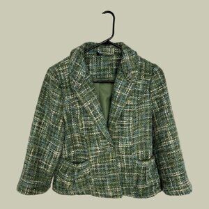 Ambition Green Tweed Fitted Blazer – Lined – 3/4 Sleeves Medium